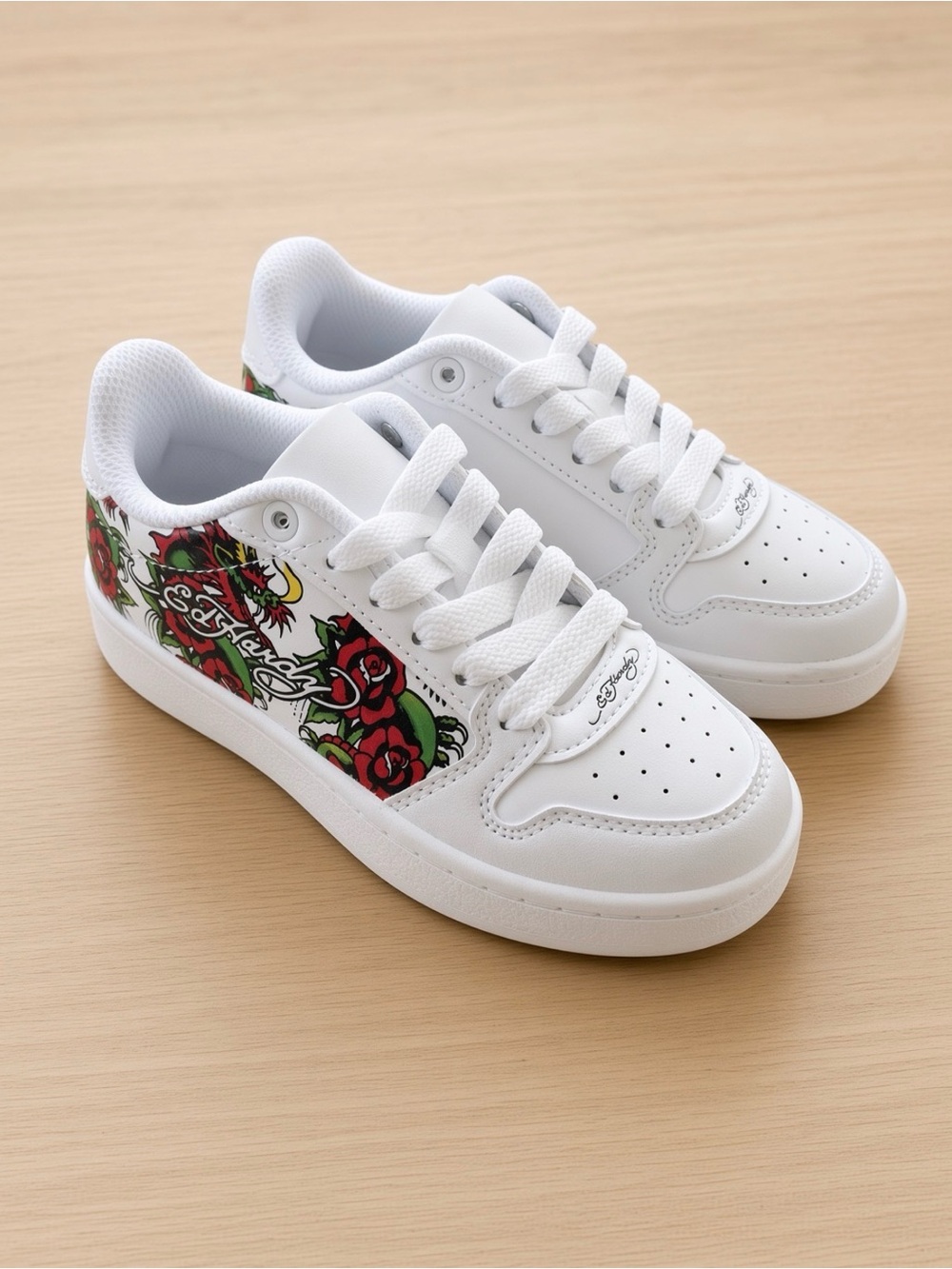 Ed Hardy Tattoo Rose Graphic White Sneakers Kid’s Size 12